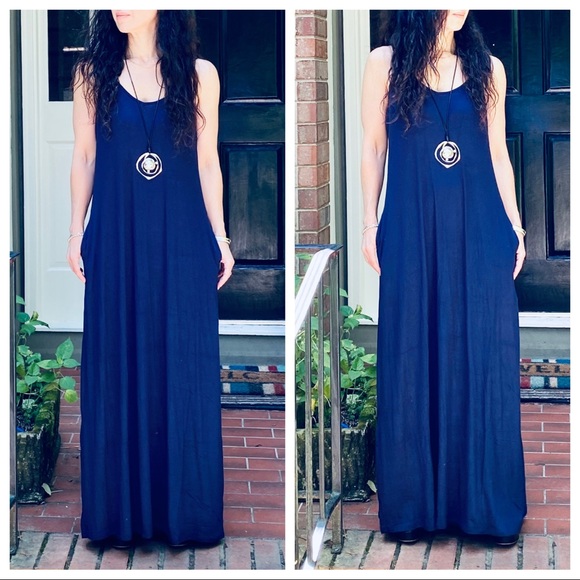 NAVY BLUE LOOSE FIT SIDE POCKETS TANK MAXI DRESS - Picture 4 of 11